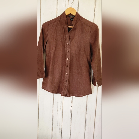 100% linen Autograph priest collar brown blouse sz S - Picture 7 of 10
